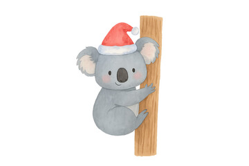 Christmas Australia Animal PNG Christmas Koala in Santa Hat Climbing a Tree Watercolor Illustration Design