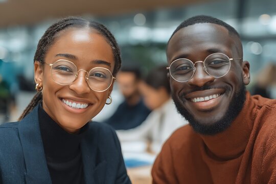 Portrait of two happy, diverse professionals, students in stylish glasses, smiling confidently at a modern office or business meeting, symbolizing partnership and success.