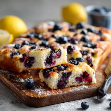  Lemon blueberry sweet focaccia bread, freshly baked generated AI