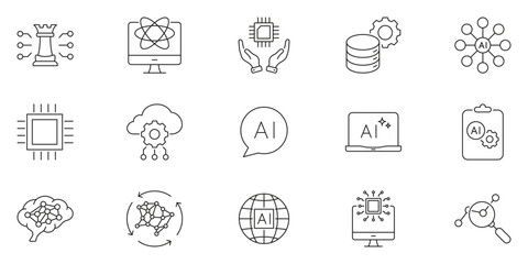 Fototapeta premium Future Technology and Artificial Intelligence Line Icon Set. Innovation, Data Science and Digital Transformation Outline Symbol Collection. Editable Stroke. Isolated Vector Illustration