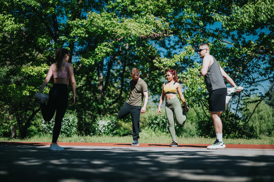 A group of four people practicing stretching exercises in a green park under blue skies, showcasing a healthy and active lifestyle with diversity and a focus on fitness.