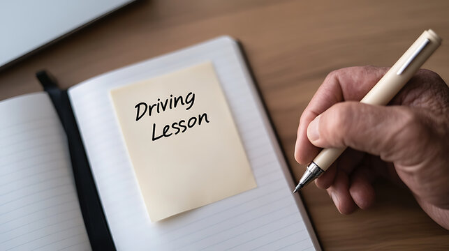 Planning a driving lesson: An open notebook with a sticky note reading "Driving Lesson", being written on by a hand holding a pen, on a wooden desk.
