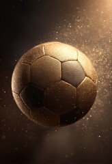 Naklejka premium A weathered, sepia-toned soccer ball hangs in mid-air, surrounded by a shimmering, golden dust cloud against a dark background. The texture of the ball is prominent, suggesting age and use