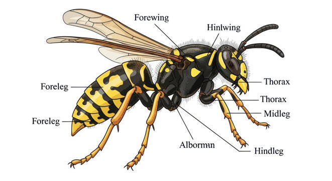 Detailed Illustration of a Yellowjacket Wasp Anatomy with Labeled Parts.
