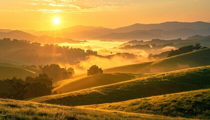 Golden Sunrise Illuminating Misty Hillsides Landscape with Lush Greenery and Soft Sunlight Streaming Through Trees in Early Morning Serene Scenery