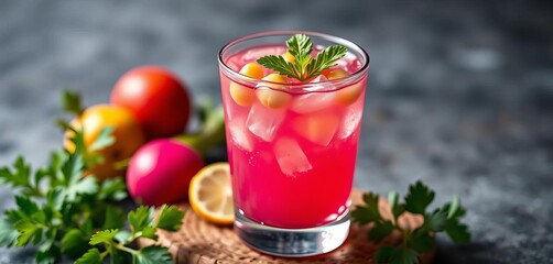 Vibrant pink chickpea cocktail in a glass with garnish,   beetroot,  plant-based