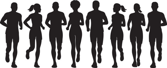 Diverse group of people running together in silhouette