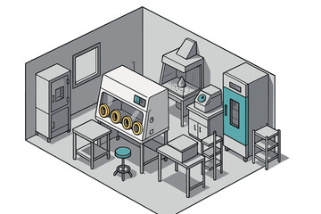Modern scientific research laboratory interior with specialized equipment and machinery