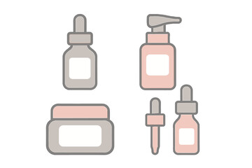 Fototapeta premium Minimalist cosmetic containers set including serum dropper bottles, cream jar, and pump dispenser