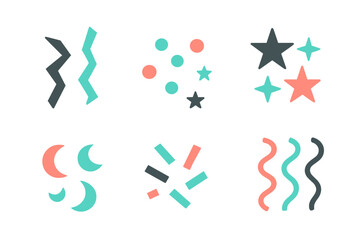 Vibrant abstract party elements set featuring stars, confetti, streamers, and geometric shapes