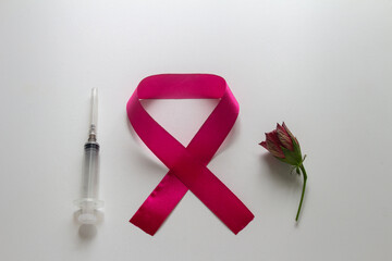 Emblem for World AIDS Day, syringe, red rose bud. On a white background.