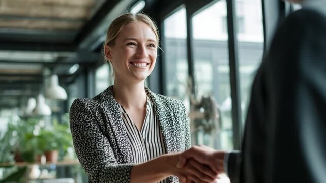 Business Handshake: A professional woman extends her hand in a confident handshake, her smile radiating trust and professionalism. capturing a moment of connection, collaboration, and mutual respect.