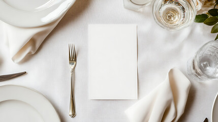 Elegant table setting with pristine white linens, glassware, and a blank menu card. Perfect for weddings and celebrations.