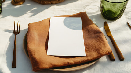 Elegant table setting with blank card for event design mockup. Rustic chic decor, inviting ambiance. Perfect for celebrations and personalized messages.