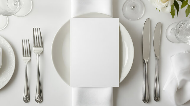 Elegant tabletop setup with a blank card on a plate. Ideal for event planning, wedding inspiration, and refined dining concepts. Minimalist design.