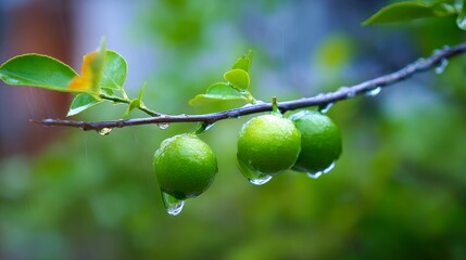 moisture. Vibrant green sudachi limes hanging from a rain-moistened branch with water droplets. menu design, packaging mockups, designed for culinary blogs and recipe cards for restaurants.
