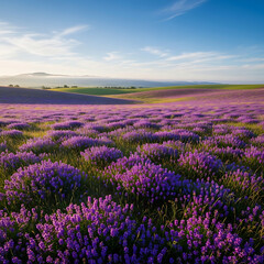Vast Lavender Field Under Clear Blue Sky at Sunrise