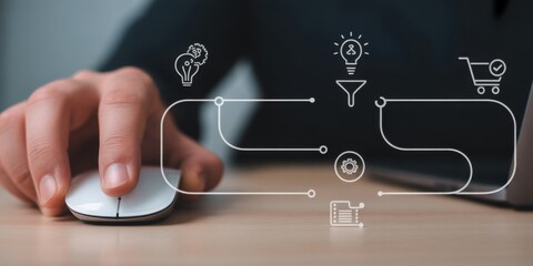Digital Navigation: The image illustrates a person's hand using a computer mouse, overlaid with digital concept icons, signifying technology and online interaction.