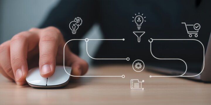 Digital Navigation: The image illustrates a person's hand using a computer mouse, overlaid with digital concept icons, signifying technology and online interaction.