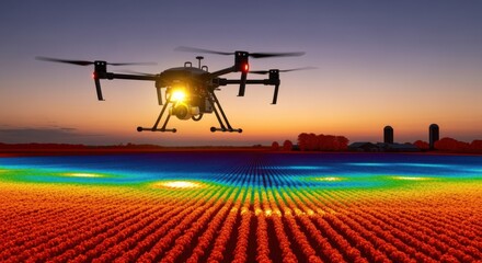 Medium shot of an infrared drone scanning a farm at dusk highlighting heat signatures to detect irrigation issues and pest infestations.