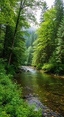 Lush Green Forest River Flowing Through a Serene Wilderness