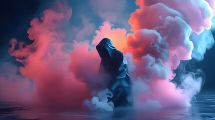Mysterious silhouette emerging from vibrant pink and blue smoke cloud