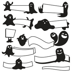 Cute little black ghost with banner sign