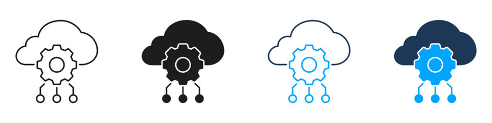 Cloud Gear Data Storage Settings Line and Solid Icon Set. Computing Network Configuration Service Symbol Collection. Isolated Vector Illustration