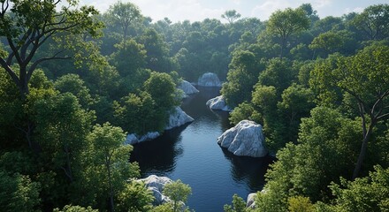 Serene jungle river flows gently through lush green forest with sunlit trees and smooth grey rocks, creating a tranquil natural escape