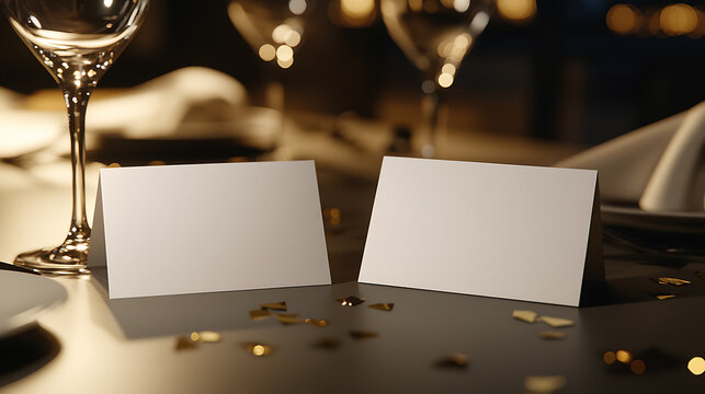 Elegant dining setup featuring blank name cards, wine glasses, soft lighting, and scattered confetti for a sophisticated and celebratory atmosphere.