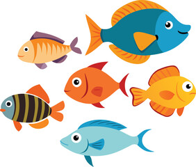 Set of colorful cartoon fish swimming together vector illustration