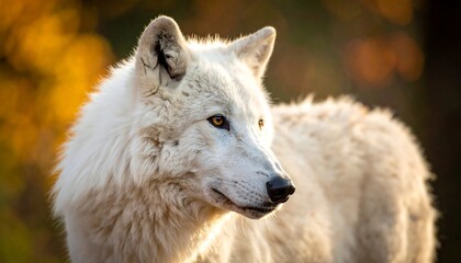 Obraz premium A portrait of a white wolf in the golden sunlight