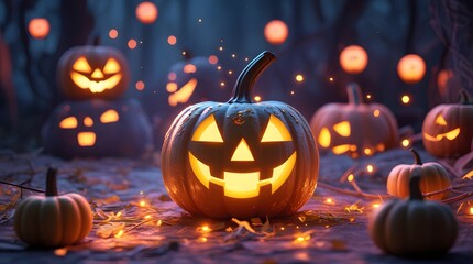 Spooky jack o lanterns glow in a mystical forest at night