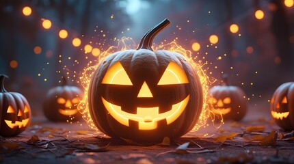 Spooky jack o lanterns glow with fiery sparks in a dark forest