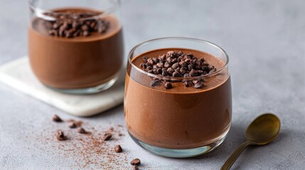 Chocolate mousse made from tofu and protein powder, topped with cacao nibs, minimalist background