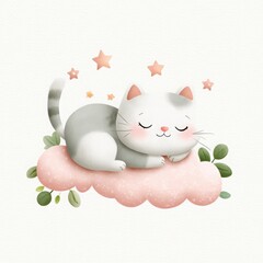 Cute Sleeping Cat on a Cloud with Stars and Leaves in a Soft Style