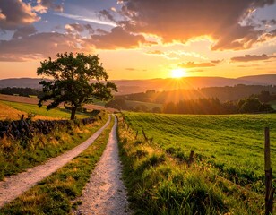 Fototapeta premium Scenic sunset over rural landscape. Dirt road leads into hills
