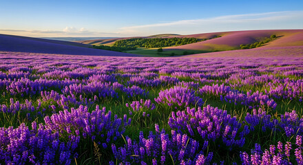 Vast Purple Lavender Field Stretching Across Rolling Hills Under a Clear Blue Sky