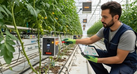 Technician adjusting smart traps in greenhouse showcasing technology integration in resourceefficient pest monitoring for sustainable agricultural practices.