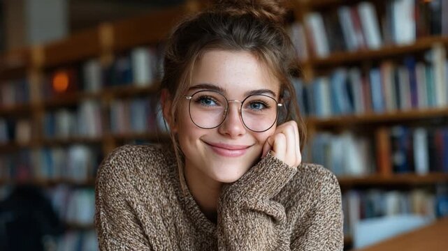 Portrait of a Thoughtful Reader: A young woman in glasses, surrounded by a library, embodies the joy of reading, her eyes reflecting knowledge and quiet contemplation.