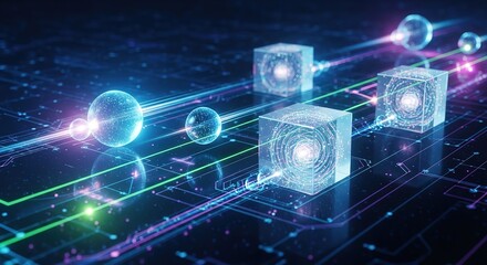 Dynamic digital network with glowing spheres and cubes representing data flow and AI innovation in a futuristic abstract concept