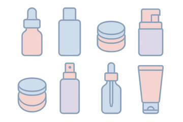 Minimalist set of cosmetic product containers and beauty packaging icons in pastel colors