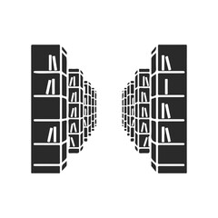Symmetrical black and white library bookshelves with books