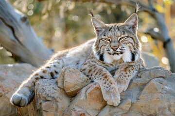 Obraz premium A relaxed bobcat resting on a sunlit rock