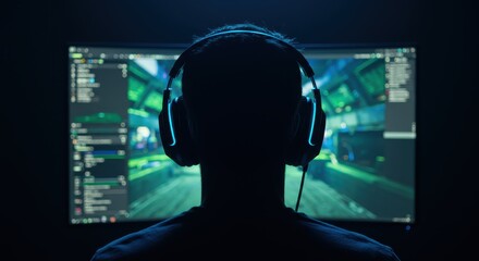 Silhouette of person wearing headphones looks at a glowing computer screen at night.