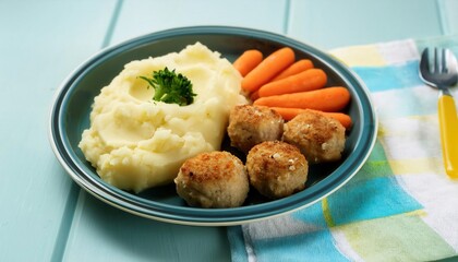 Brightly colored lunch plate for kindergarten child featuring mashed potatoes, meatballs, carrots, and broccoli
