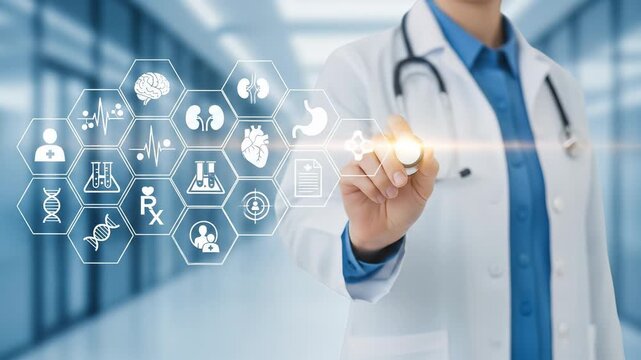 Doctor Touching Digital Medical Interface: Healthcare Technology, Diagnostics, and Innovative Patient Care