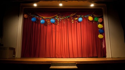 audience. Empty historic theater stage with grand curtain partially open. event programs, museum guides, designed for cultural heritage projects and event programs, preserves heritage.
