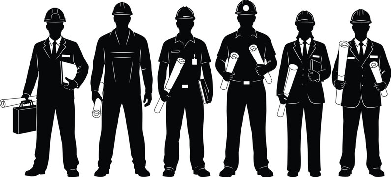 Engineer and architect silhouette vector set with six blueprint poses, formal attire, hard hats, project planning, and construction leadership