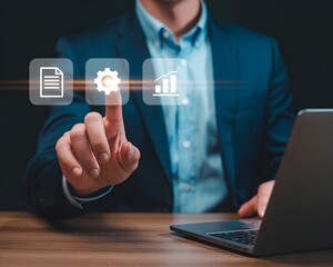 Business professional in a suit interacting with virtual icons for settings, documents, and analytics, symbolizing digital business automation.
